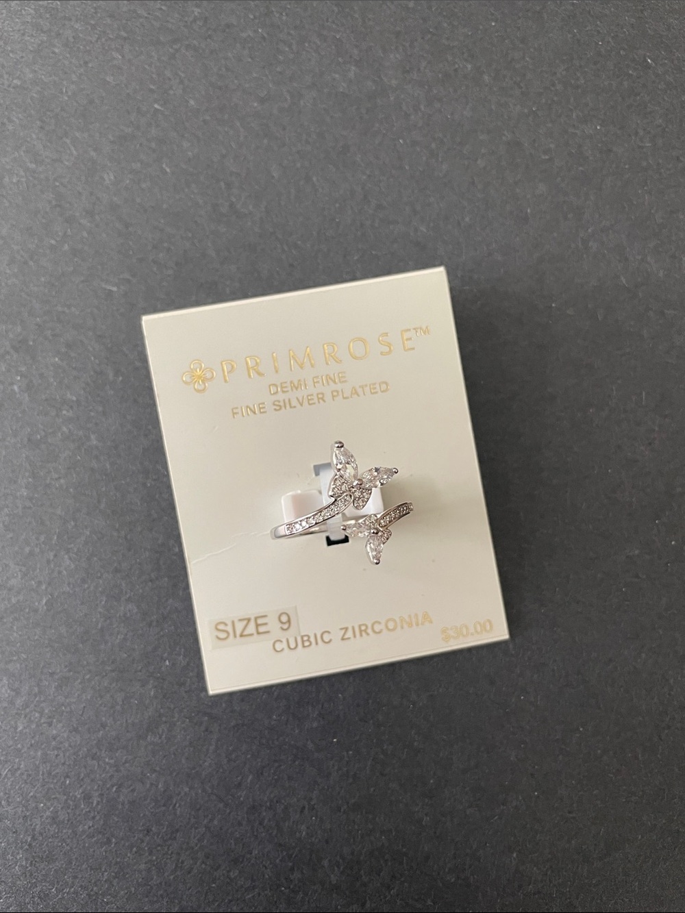 Primrose Silver Plated Cubic Zirconia Butterfly Ring - White/Silver